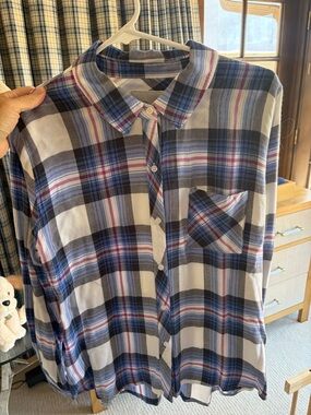 Lightweight Plaid Button-Up Shirt in Blue, White & Red